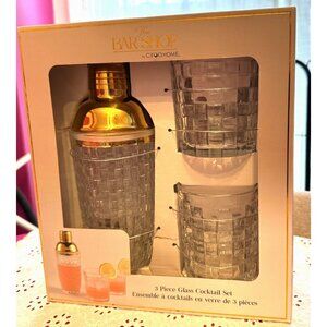 New in Box The Bar Shop 3 Piece Gold and Glass Cocktail Gift Set
